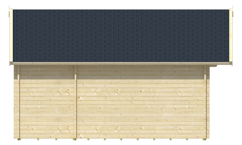 Blokhut - Tuinhuis - Home Office 44mm Berlin incl. fundering en vloer Prijs exclusief dakbedekking - dient apart besteld te worden Dakleer: 46,5 m² / Shingles: 39 m² / Aqua: 48 STK / Profiel: zie tab Afmeting: L490xB530xH344cm 