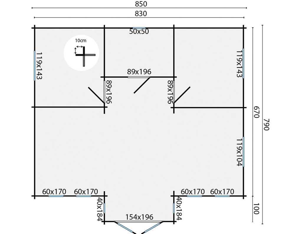 Blokhut - Tuinhuis - Home Office 70mm Mullingar incl. 27mm vloer/dak Prijs exclusief dakbedekking, ramen en deuren Shingles: 90 m² Afmeting: L850xB790xH317cm Ramen en deuren naar keuze bij te bestellen
