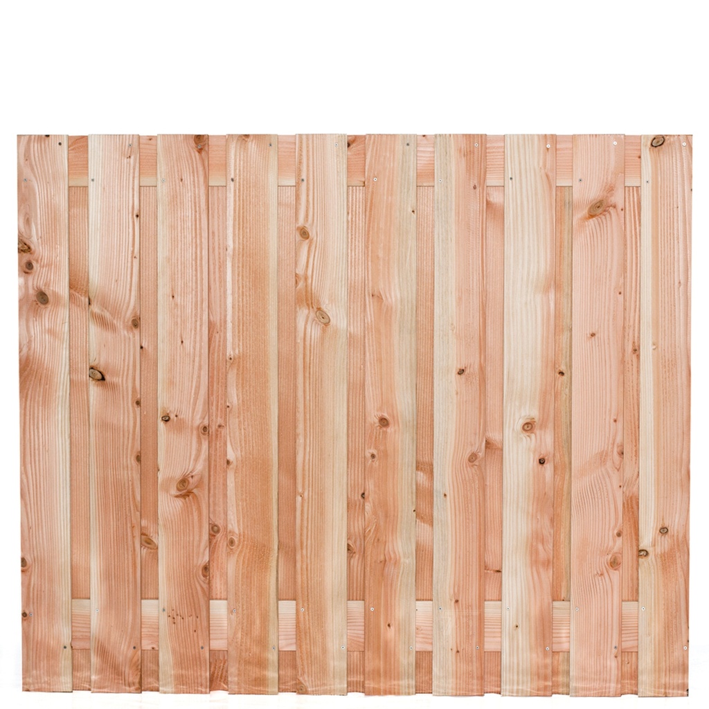 Tuinscherm lariks 21 planks (19+2) Zwarte Woud 150x180cm Planken: 1.6x14.0cm / 19 stuks 2 tussenplanken van 1.6x14.0cm, rvs geschroefd  