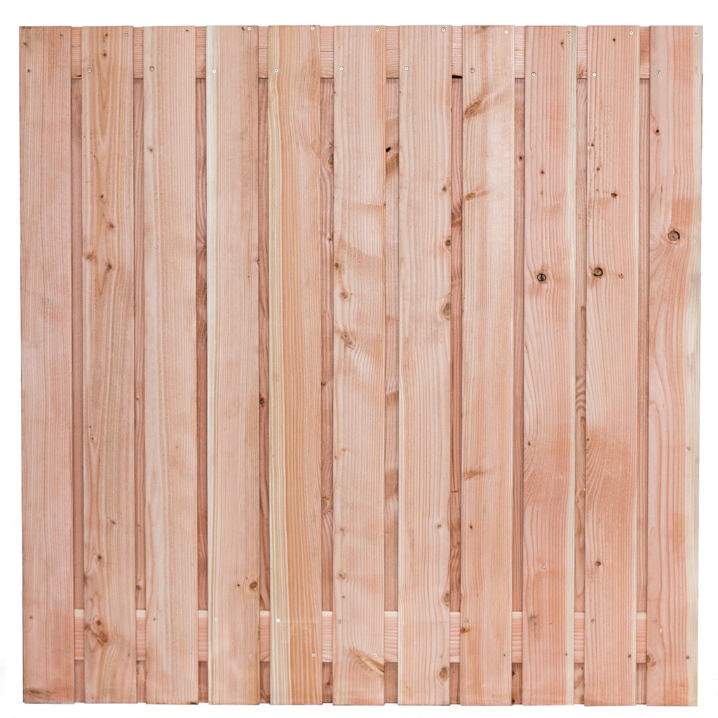 Tuinscherm lariks 23 planks (21+2) Harz 180x180cm Planken: 1.6x14.0cm / 21 stuks 2 tussenplanken van 1.6x14.0cm, rvs geschroefd  