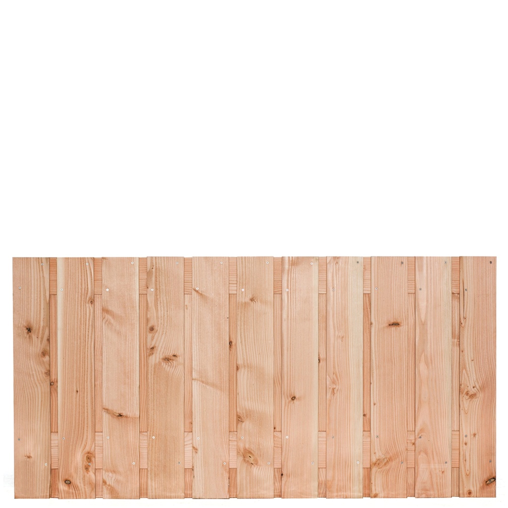 Tuinscherm lariks 23 planks (21+2) Harz 90x180cm Planken: 1.6x14.0cm / 21 stuks 2 tussenplanken van 1.6x14.0cm, rvs geschroefd  