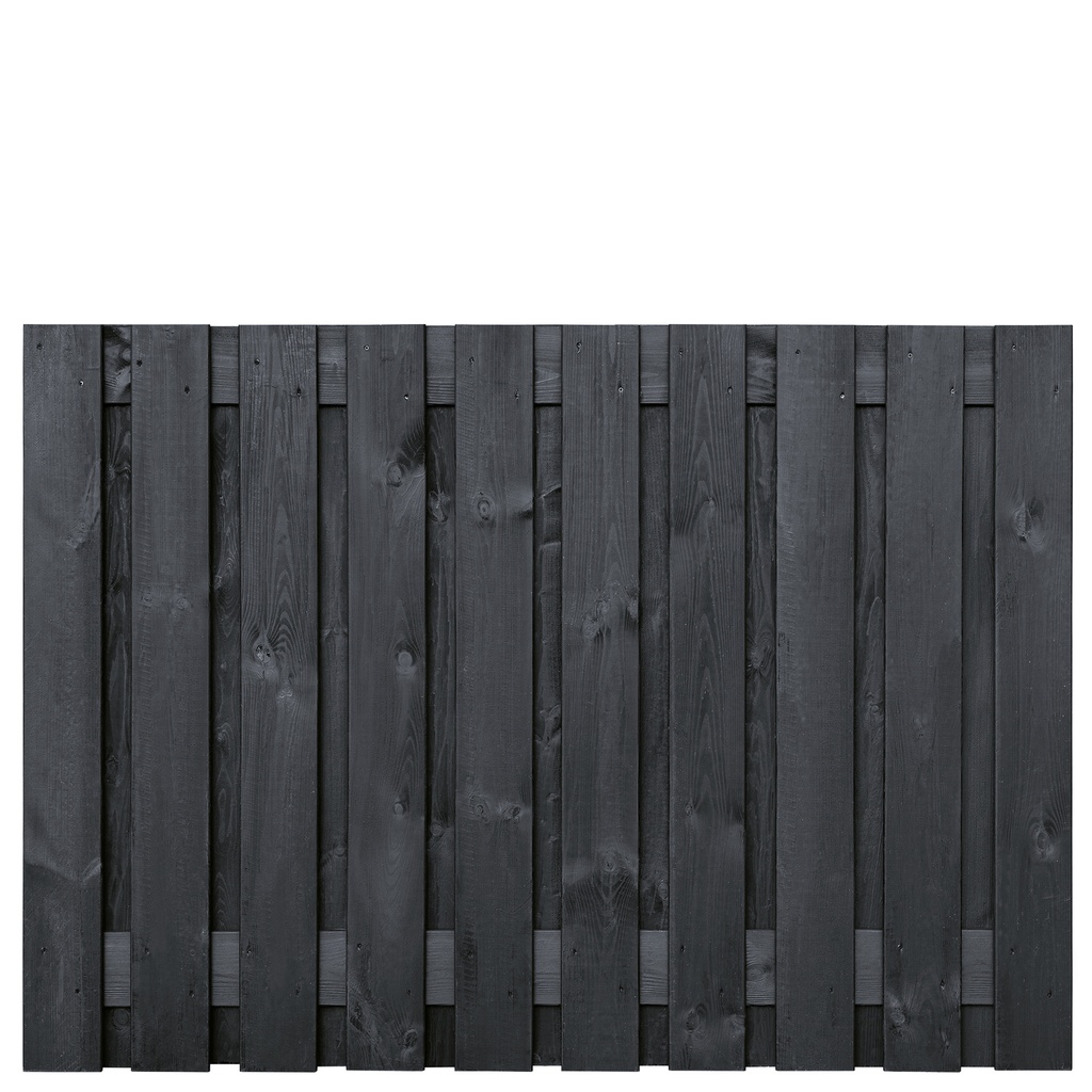 Tuinscherm zwart gesp. 23 planks (21+2) Dresden 130x180cm Planken: 1.6x14.0cm / 21 stuks 2 tussenplanken van 1.6x14.0cm, rvs geschroefd  