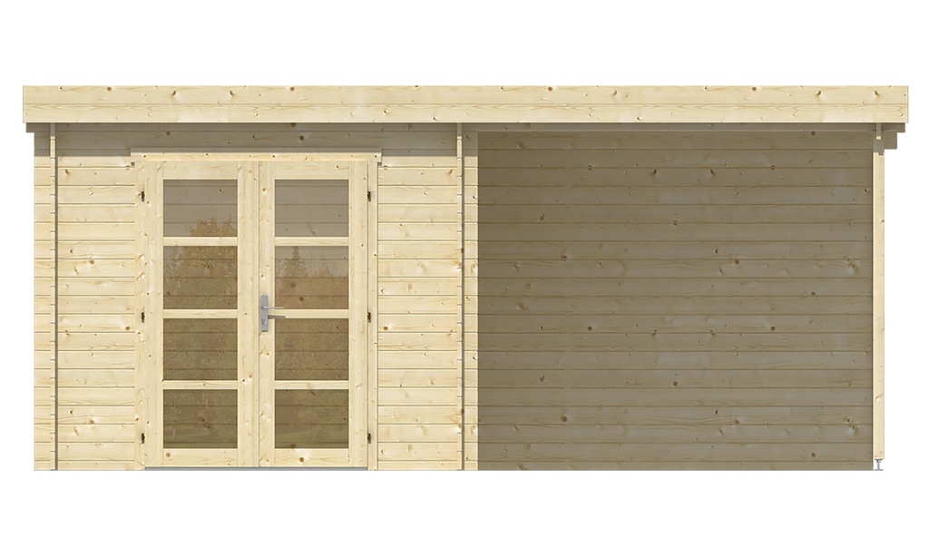 Blokhut - Tuinhuis 28mm Brenda met overkapping Prijs exclusief dakbedekking - dient apart besteld te worden Dakleer: 20 m² / Easy-roofing: 25 m² / EPDM: Set 40.9991/10 Afmeting: L275xB525xH234cm 