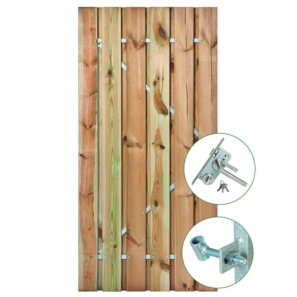 *Tuindeur geïmpregneerd Privacy + rvs inbouwslotset 195x90cm plank: 1.6x14.0cm / 9 stuks + 1.4x9.0cm / 2 stuks Luxe rvs inbouwslotset  