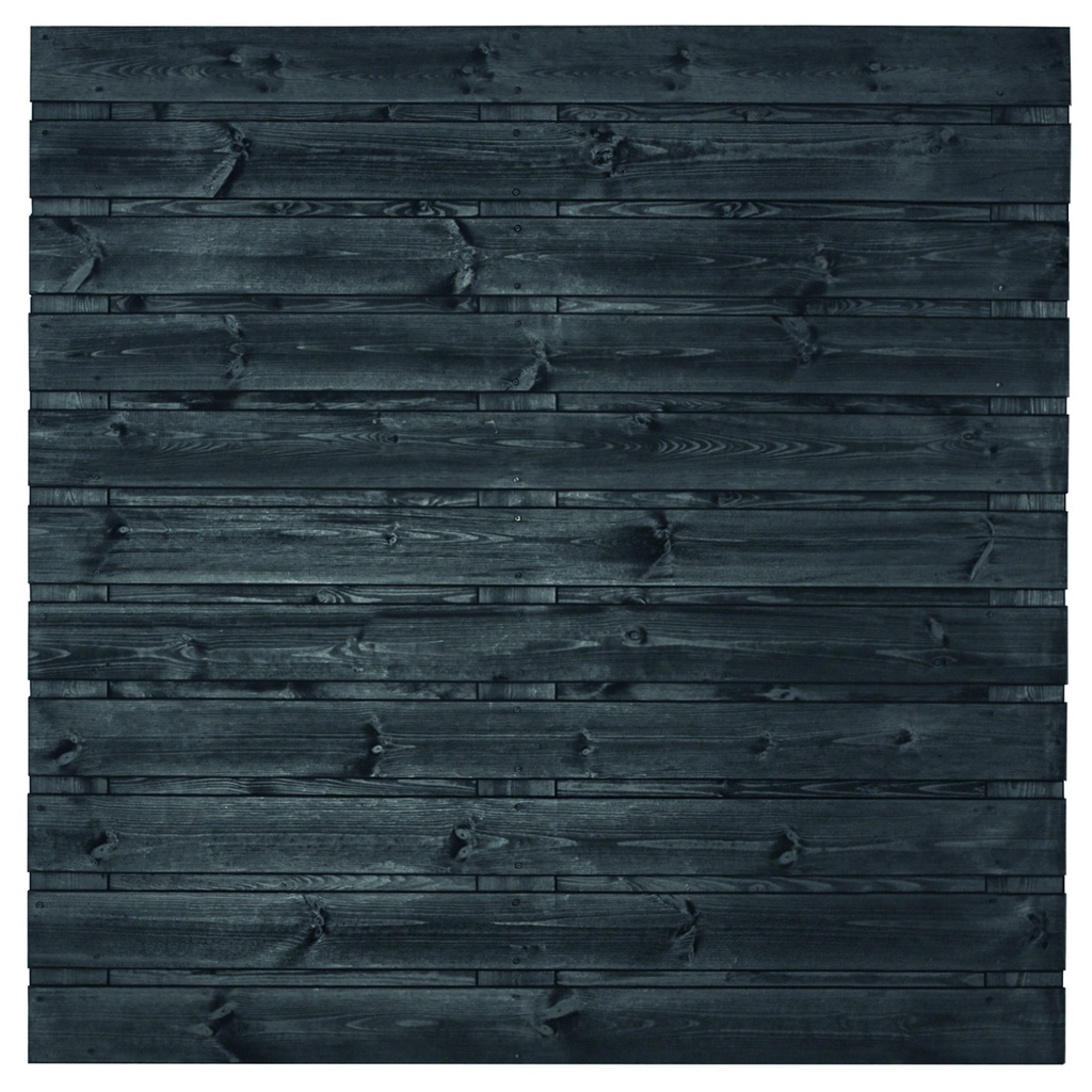 Tuinscherm zwart gesp. 23 planks (21+2) Fulda 180x180cm horizontaal Planken: 1.6x14.0cm / 21 stuks 2 tussenplanken van 1.6x14.0cm, rvs geschroefd  