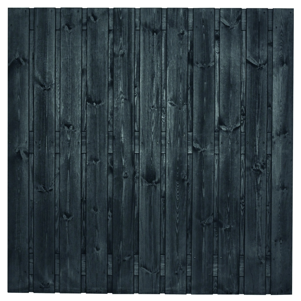 Tuinscherm zwart gesp. 23 planks (21+2) Dresden 180x180cm Planken: 1.6x14.0cm / 21 stuks 2 tussenplanken van 1.6x14.0cm, rvs geschroefd  