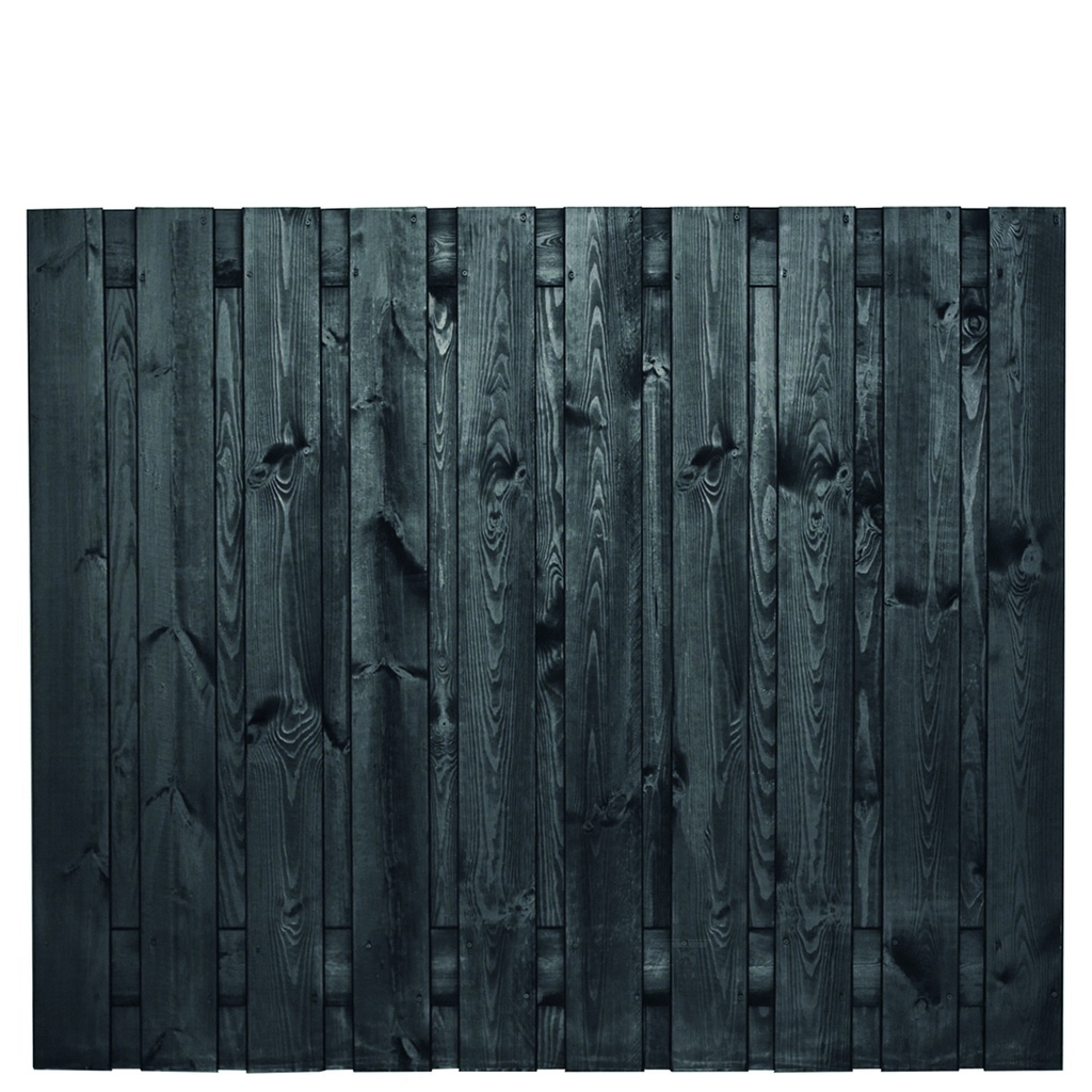 Tuinscherm zwart gesp. 21 planks (19+2) Stuttgart 150x180cm Planken: 1.6x14.0cm / 19 stuks 2 tussenplanken van 1.6x14.0cm, rvs geschroefd  