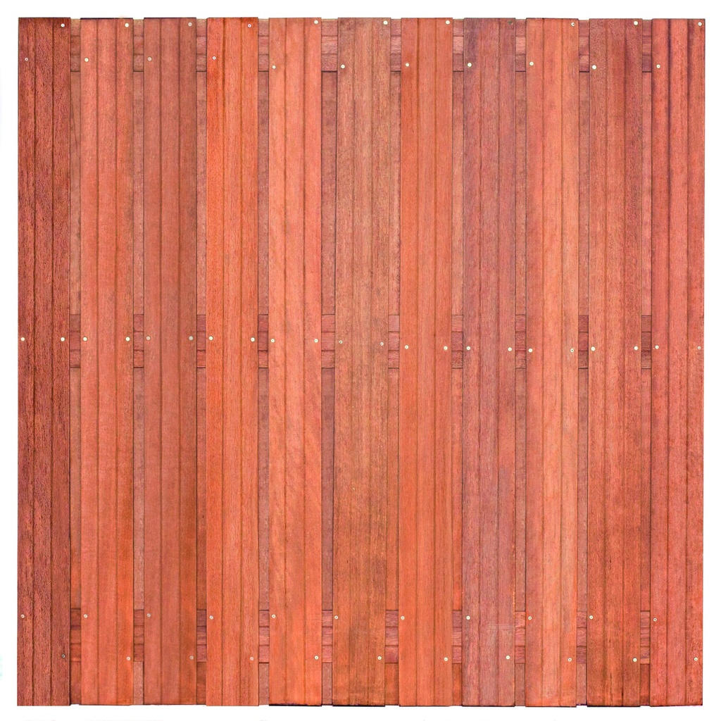 Tuinscherm hardhout 23 planks (21+2) Hoorn 180 x 180 Planken: 1.4x14.0cm / 21 stuks 2 tussenregels van 1.4x14.0cm, rvs geschroefd houtsoort: Keruing 