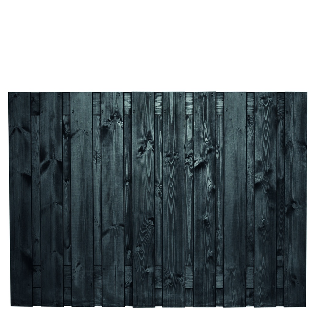 Tuinscherm zwart gesp. 21 planks (19+2) Stuttgart 130x180cm Planken: 1.6x14.0cm / 19 stuks 2 tussenplanken van 1.6x14.0cm, rvs geschroefd  