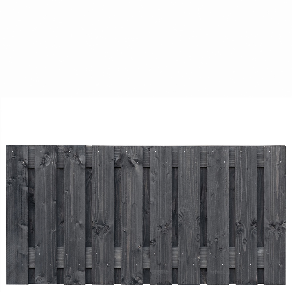 [P022278-8.55090P] Tuinscherm lariks 21 planks (19+2) Marlies 90x180cm zwart geïmpregneerd Planken: 1.6x14.0cm / 19 stuks fijnbezaagd 2 tussenplanken van 1.6x14.0cm, rvs geschroefd  