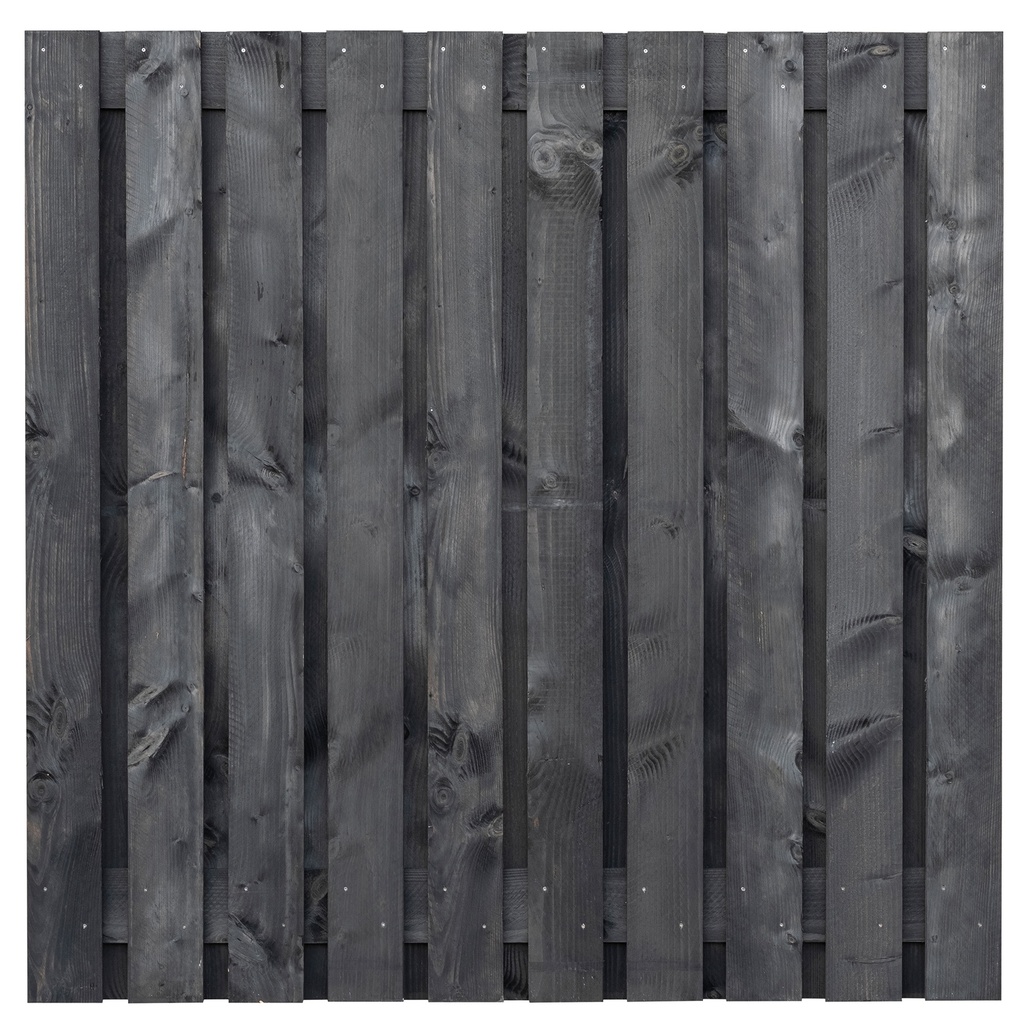 [P022280-8.55180P] Tuinscherm lariks 21 planks (19+2) Marlies 180x180cm zwart geïmpregneerd Planken: 1.6x14.0cm / 19 stuks fijnbezaagd 2 tussenplanken van 1.6x14.0cm, rvs geschroefd  