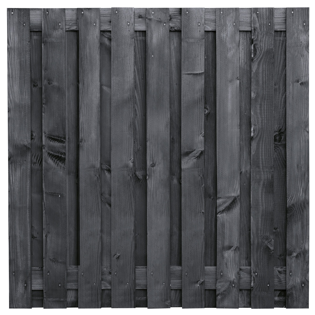 [P022270-8.54183P] Tuinscherm lariks 19 planks (17+2) Karin 180x180cm zwart geïmpregneerd Planken: 1.6x14.0cm / 17 stuks fijnbezaagd 2 tussenplanken van 1.6x14.0cm, rvs geschroefd  