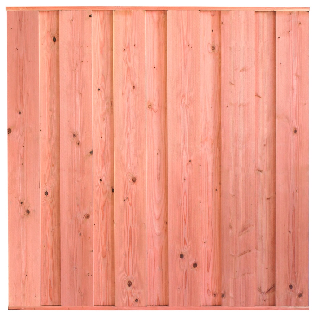 [P022227-8.24186P] Tuinscherm lariks 11 planks Saksen 180x180cm geschaafd Planken: 1.8x19.0cm / 11 stuks Boven- en onderlat: 2.8x3.6cm, rvs geschroefd  