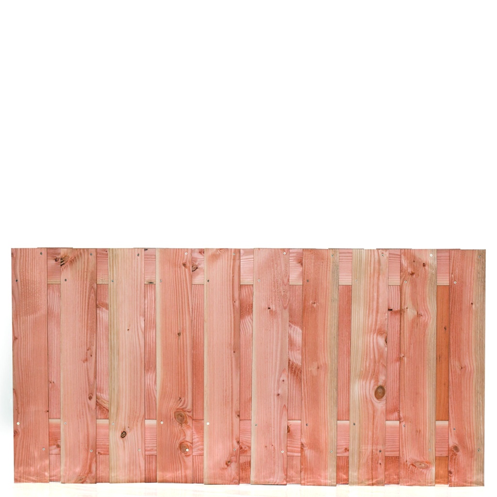 [P022196-8.22090P] Tuinscherm lariks 21 planks (19+2) Zwarte Woud 90x180cm Planken: 1.6x14.0cm / 19 stuks 2 tussenplanken van 1.6x14.0cm, rvs geschroefd  