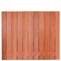 [P002249-8.43150] Tuinscherm hardhout 23 planks (21+2) Hoorn 180 x150 Planken: 1.4x14.0cm / 21 stuks 2 tussenregels van 1.4x14.0cm, rvs geschroefd houtsoort: Keruing 