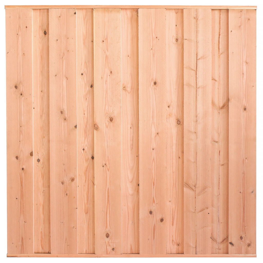 [P022225-8.24185P] Tuinscherm lariks 11 planks Saarland 180x180cm fijnbezaagd Planken: 1.8x20.0cm / 11 stuks  Boven- en onderlat: 2.8x3.6cm, rvs geschroefd  