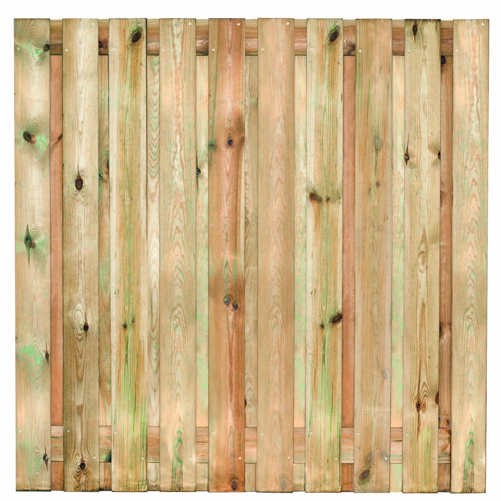 [P022146-8.12180P] Tuinscherm geïmp. 21 planks (19+2) Enschede 180x180cm Planken: 1.6x14.0cm / 19 stuks 2 tussenplanken van 1.6x14.0cm, rvs geschroefd  