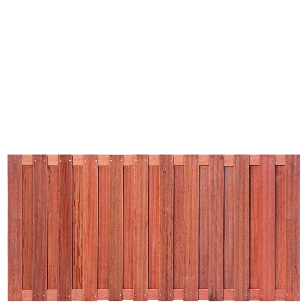 [P002251-8.44090] Tuinscherm hardhout Leeuwarden 180x90cm Lamellen: 1.2x9.0cm / 23 stuks 2 tussenregels van 1.6x7.0cm, rvs geschroefd houtsoort: Keruing 