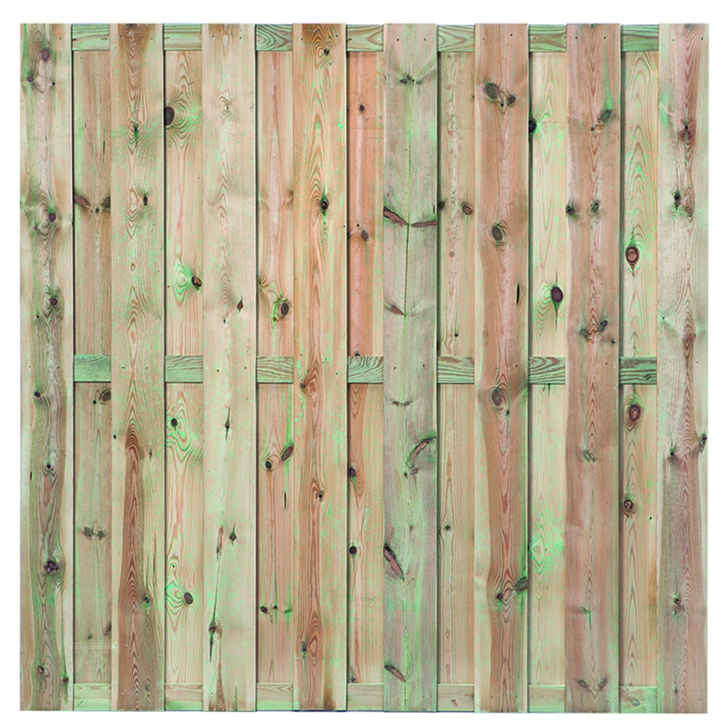 [P009193-8.14183F] Tuinscherm geimp. 15 planks (15+3) Maastricht H180xB180cm Planken: 1.5x14.0cm / 15 stuks 3 tussenregels van 1.5x7.0cm, verzinkt geschroefd
