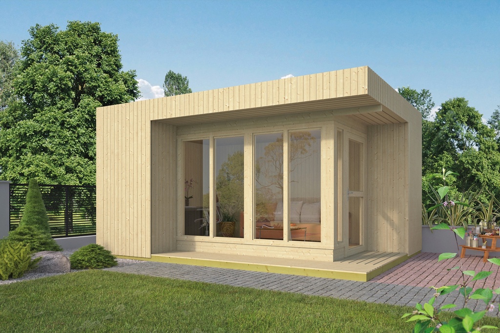 [P013740-40.0817N] Tuinhuis - Home Office 19mm Elin dubbelwandig incl. vloer Prijs exclusief dakbedekking - dient apart besteld te worden Easy-roofing: 25 m² / EPDM: 40.9991/09 Afmeting: L477xB351xH265cm 