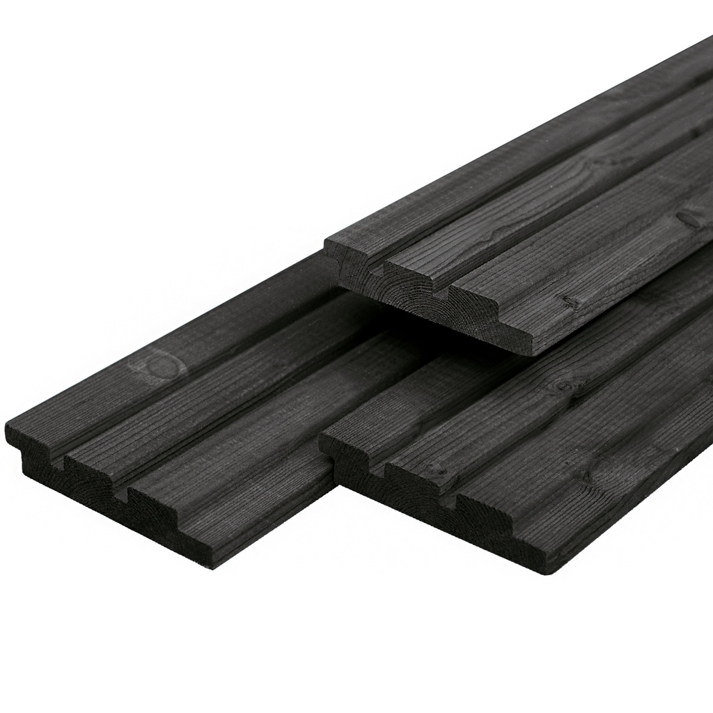 [P021782-37.9240PZ] Vuren gevelbekleding zwart gespoten 2.2x14.0x400cm geschaafd triple profiel werkend: 13.0cm rondom 2x gespoten  