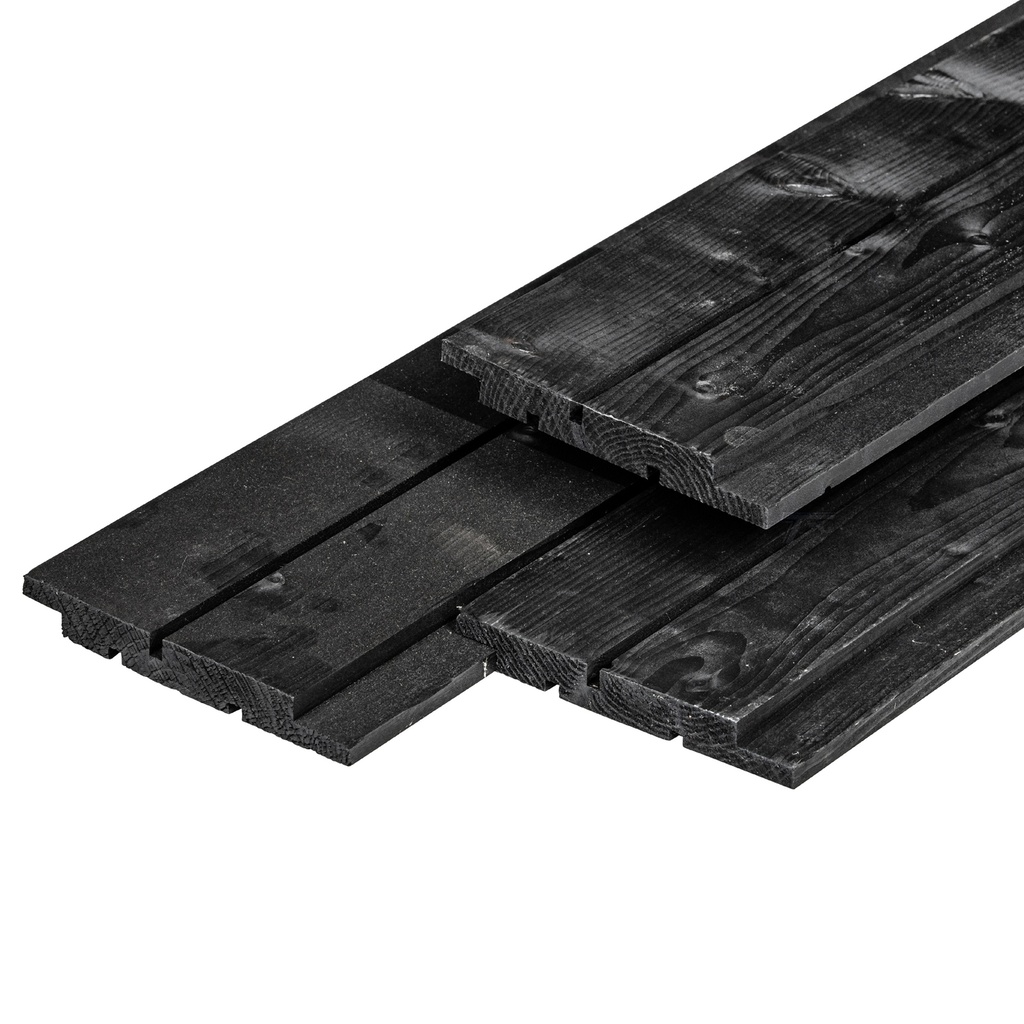 [P006692-37.8942FZW] NE vuren channelsiding plank 1.8x14.5x420cm zwart gespoten werkend: 13.7cm A-zijde 1 zaagsnede, B-zijde 2 zaagsnedes  