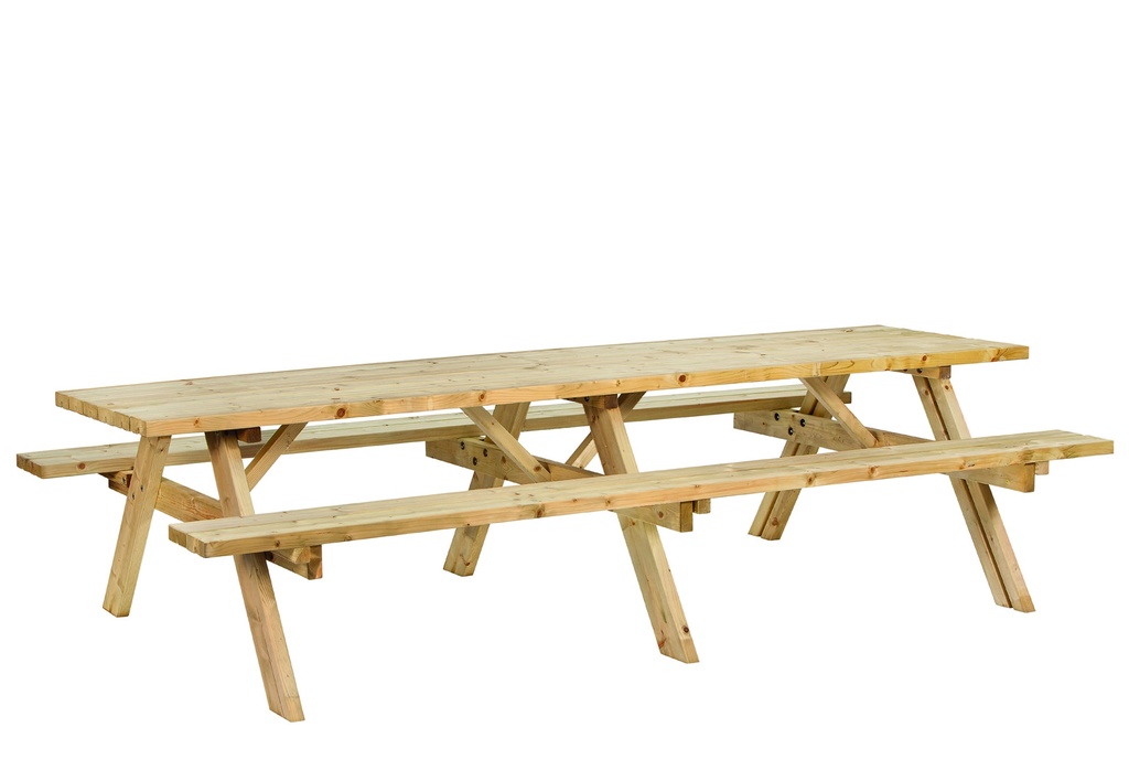 [P012998-30.0010] Picknicktafel vuren geïmpregneerd, gedroogd Superieur 300 cm Let op: kunstmatig gedroogd vuren Houtdikte: 42mm Afmeting: L300xB155xH75cm 